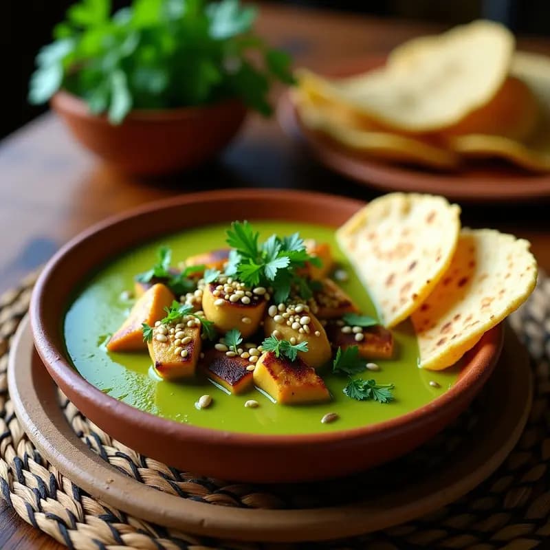 Plato hondo de barro con pipian verde cremoso, trozos de pollo jugoso, rodajas de huevo duro y semillas de calabaza tostadas, decorado con hojas de cilantro fresco. Receta tradicional guatemalteca alta en nutrientes.