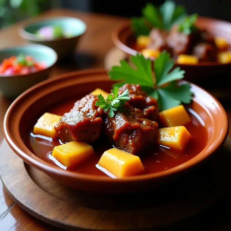 Plato hondo de barro con Pique y Pique Dense: costillas de cerdo deshuesadas y tiernas, rodajas de yuca dorada, bañadas en un caldo espeso, acompañadas de salsa criolla vibrante con trozos de cebolla morada, pimiento y cilantro fresco. Receta cubana en olla lenta.