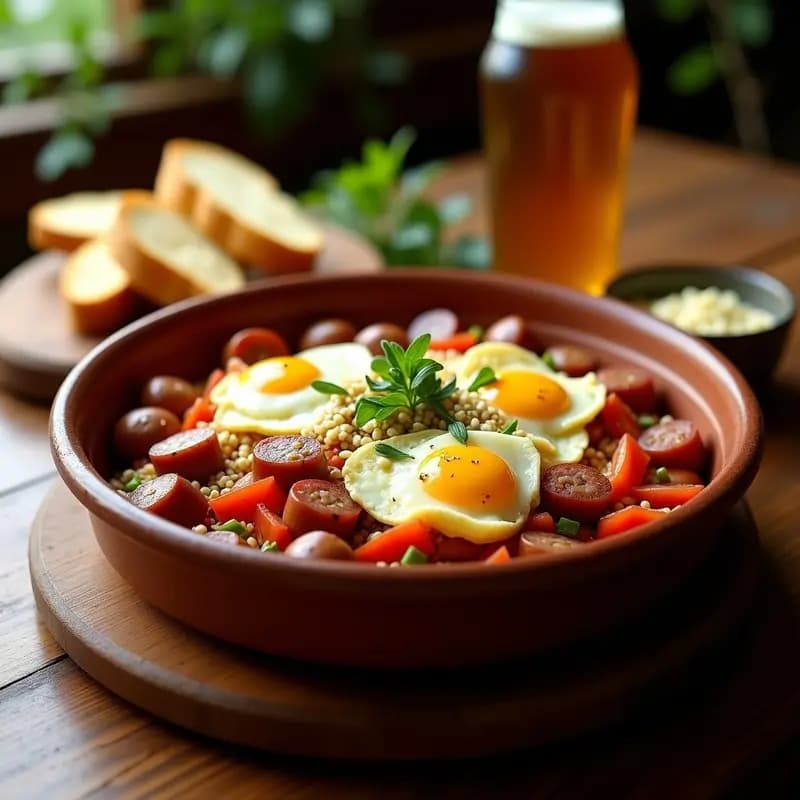 Plato hondo de barro lleno de Pique Macho Boliviano con salchichas doradas, papas crujientes, locoto rojo, cebolla morada, tomate y queso derretido, coronado con huevos fritos. Receta picante para compartir con cerveza negra.