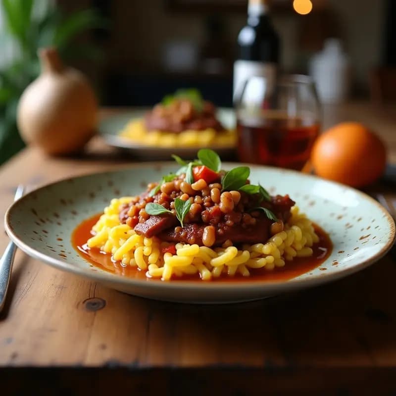 Plato hondo de barro con Pique y Pase Colombiano: garbanzos estofados con morcilla de arroz, rodajas de plátano macho frito caramelizado y cilantro fresco. Receta tradicional de abuela.