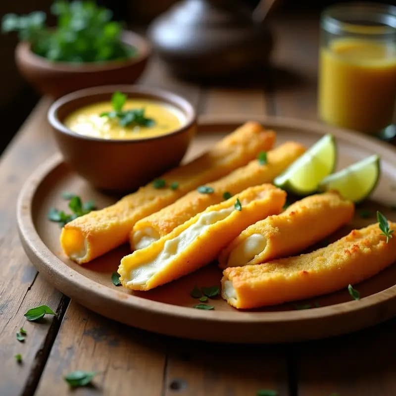 Piringos de yuca dorados y crujientes rellenos de queso mozzarella derretido, servidos en una fuente de madera con salsa de huancaina cremosa y amarilla en un pequeño bol al lado. Decorados con hojas de huacatay y rodajas de limón.