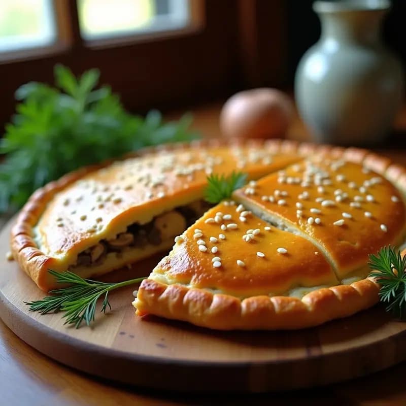 Pirog Russo de pollo y champiñones horneado, empanada dorada y crujiente con relleno jugoso, servido en tabla de madera rústica con hierbas frescas.