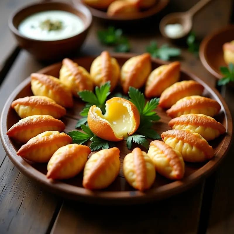 Plato de madera con piroshki georgianos dorados y crujientes, rellenos de patata y queso sulguni derretido, acompañados de perejil fresco y salsa de yogur.