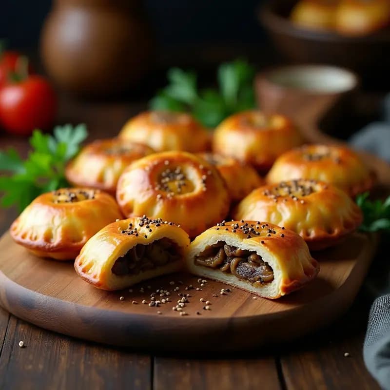 Pirozhki rusos dorados y crujientes de champiñones y cebolla en airfryer con masa de centeno, decorados con semillas de amapola y perejil fresco, servidos en bandeja de madera rústica.