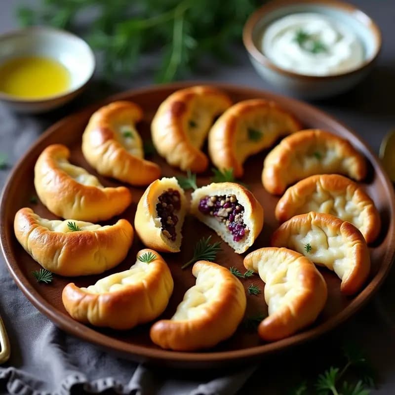 Pirozhki rusos dorados y crujientes en forma de media luna, rellenos de champiñones portobello y repollo morado, servidos en una fuente de madera con eneldo fresco espolvoreado y un bol de yogur para acompañar.
