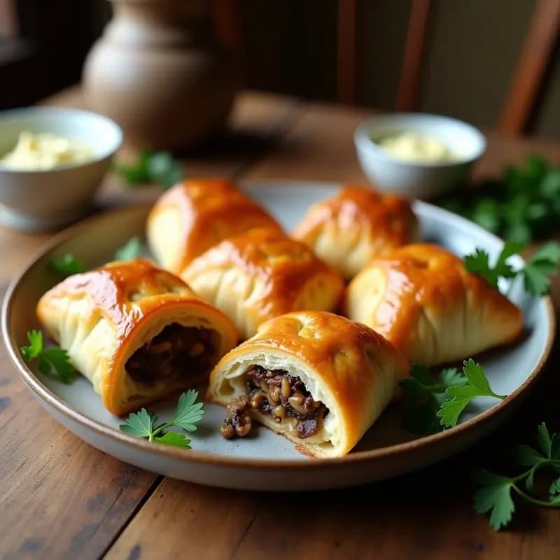 Pirozhki rusos veganos dorados al horno con relleno de col fermentada y champiñones, servidos en bandeja de madera con salsa cremosa de anacardos y decoración de hebras de col fermentada.