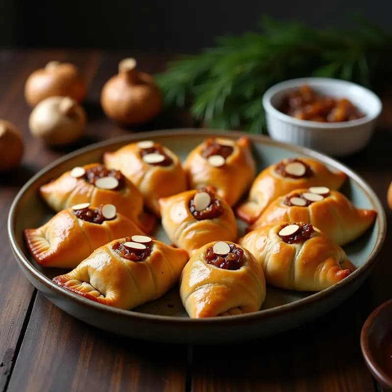 Pirozhki rusos veganos rellenos de hongos portobello y cebolla caramelizada, dorados y crujientes, servidos en una bandeja de madera con semillas de sésamo y hierbas frescas.
