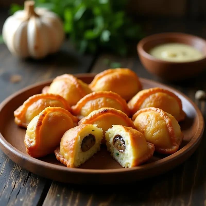 Plato de madera rústico con pirozhki de patata y champiñones fritos sin lácteos, dorados y crujientes, rellenos de una mezcla terrosa de patata y champiñones portobello, decorados con perejil fresco.