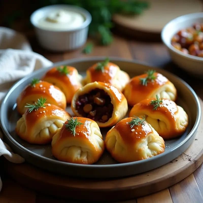 Bandeja de pirozhki rusos veganos al horno, dorados y crujientes, rellenos de patata morada y champiñones, con un toque de eneldo fresco por encima. Receta tradicional rusa adaptada a versión vegana.