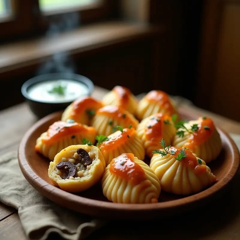 Bandeja de pirozhki rusos de patata y hongos al horno, dorados y crujientes, con relleno visible en algunos cortados por la mitad, sobre fondo rústico de madera con hierbas frescas.