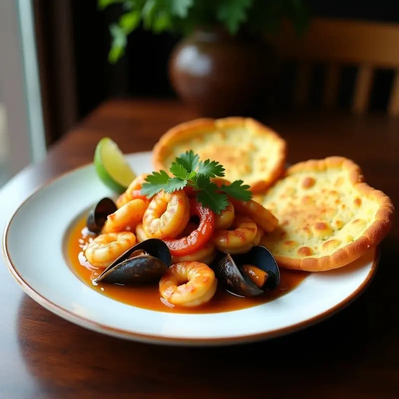 Plato rústico de piscarina de mariscos al ajillo con pan de yuca dorado, camarones, calamares y mejillones en salsa de ajo y cilantro, servido con rodajas de limón y decorado con cilantro fresco.