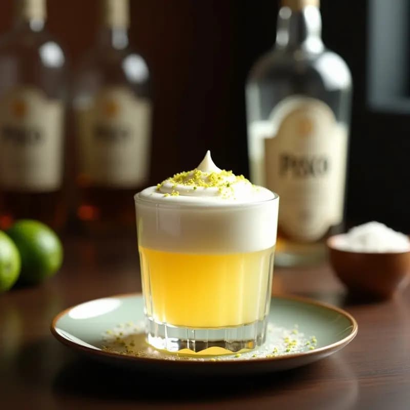 Vaso old fashioned transparente con Pisco Sour Peruano con Espuma de Claras, capa blanca y esponjosa en la superficie, decorado con gotas de angostura y rodaja de limón verde sobre fondo oscuro rústico.