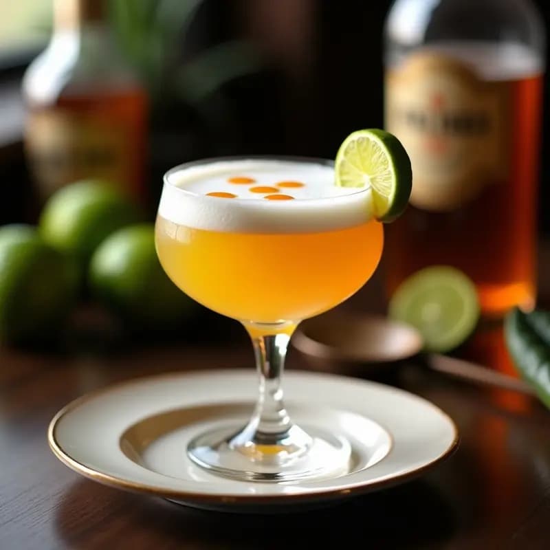 Copa de cóctel transparente con Pisco Sour Peruano, espuma blanca cremosa en la superficie, decoración con rodaja de lima y gotas de amargo de angostura sobre la espuma, fondo borroso con botella de piscó y limones verdes.