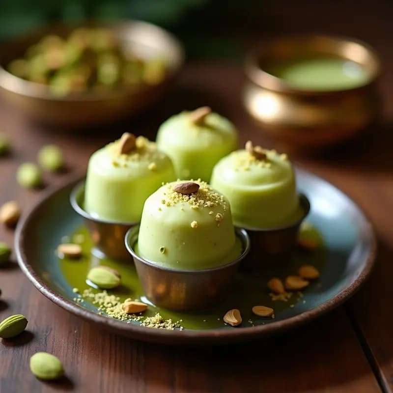 Helado indio Pistachio Kulfi con Cardamomo vegano y sin lácteos en molde tradicional, decorado con pistachos tostados y semillas de cardamomo sobre fondo rústico.