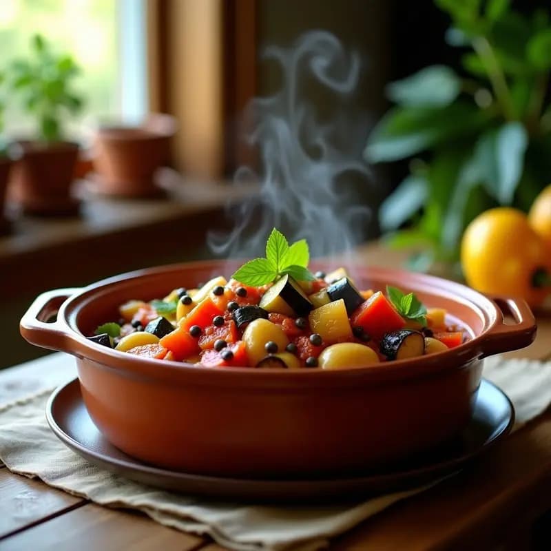 Cazuela de barro con pisto humeante de alcachofas, calabacín, berenjena y pimientos, decorado con alcaparras y hierbabuena fresca. Plato tradicional español low carb.