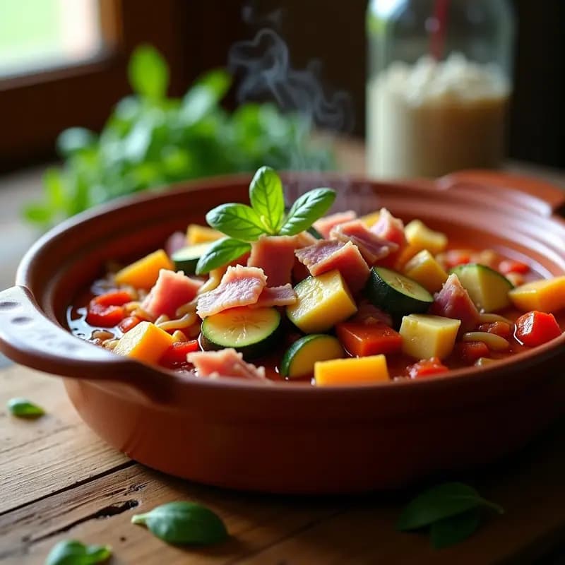 Cazuela de barro humeante con pisto de calabacín y alcachofas con jamón serrano, guiso de verduras tradicional español con trozos dorados de jamón y verduras tiernas, servido en un plato hondo rústico sobre una mesa de madera.
