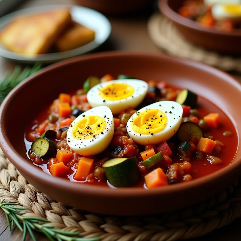 Plato hondo de barro con pisto de calabacín y berenjena en salsa espesa, coronado con huevos escabechados cortados por la mitad, bañados en vinagre de Jerez y decorados con aceite de oliva virgen extra. Receta española en olla express.