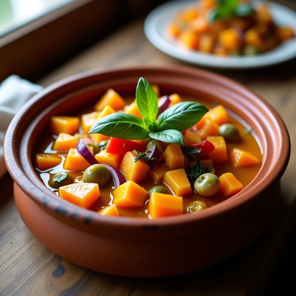 Pisto español de calabaza kabocha y alcachofas en olla express, servido en cazuela de barro. Textura cremosa con trozos de verduras visibles y un toque verde de albahaca fresca. Plato keto sin aceite, colorido y apetitoso.
