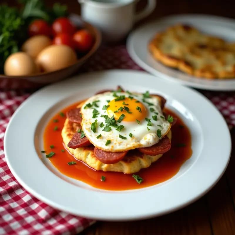 Plato hondo de barro con pisto caliente de calabacín, berenjena, pimiento y tomate, coronado con un huevo frito y rodajas de chorizo dorado. Receta de aprovechamiento tradicional española con toque picante.