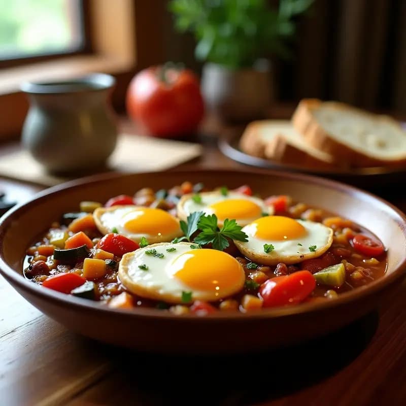 Plato hondo de barro con pisto espeso de calabacín, berenjena, pimientos y tomate, coronado con un huevo escalfado de yema líquida y perejil fresco. Receta de la huerta con toque proteinado.