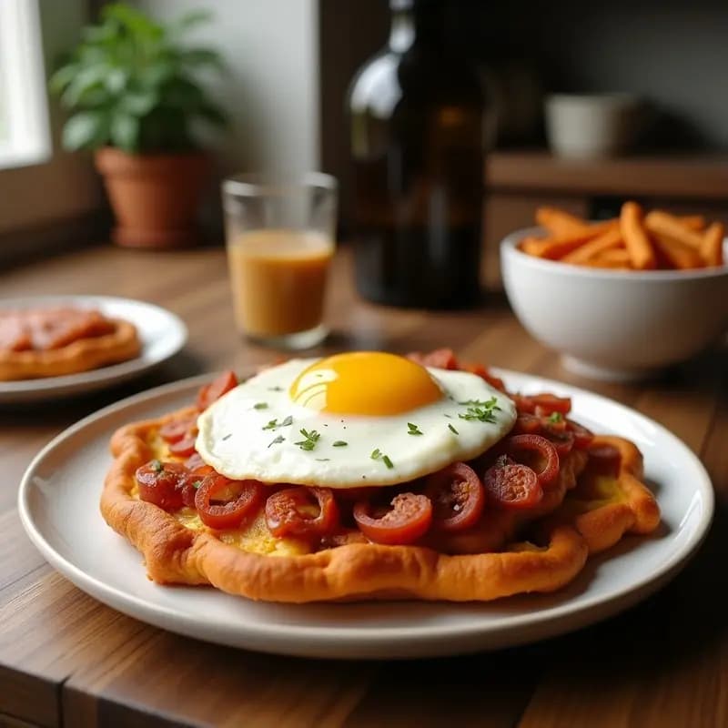 Plato hondo de barro con pisto manchego humeante, coronado con huevo frito de yema líquida y rodajas de chorizo dorado. Verduras troceadas en salsa espesa de tomate, con un fondo de mesa rústica y pan fresco al lado.