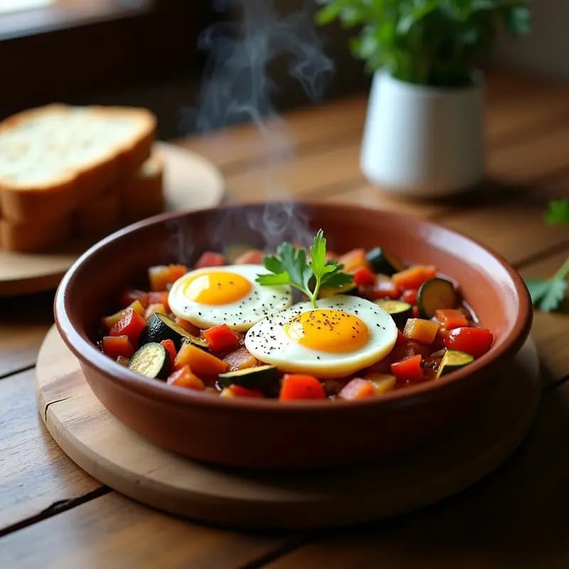 Plato hondo de barro con pisto de verduras (calabacín, berenjena, pimiento y tomate) y dos huevos escabechados partidos por la mitad encima, servido con una rebanada de pan rústico. Receta tradicional de pisto con huevos escabechados en sartén.