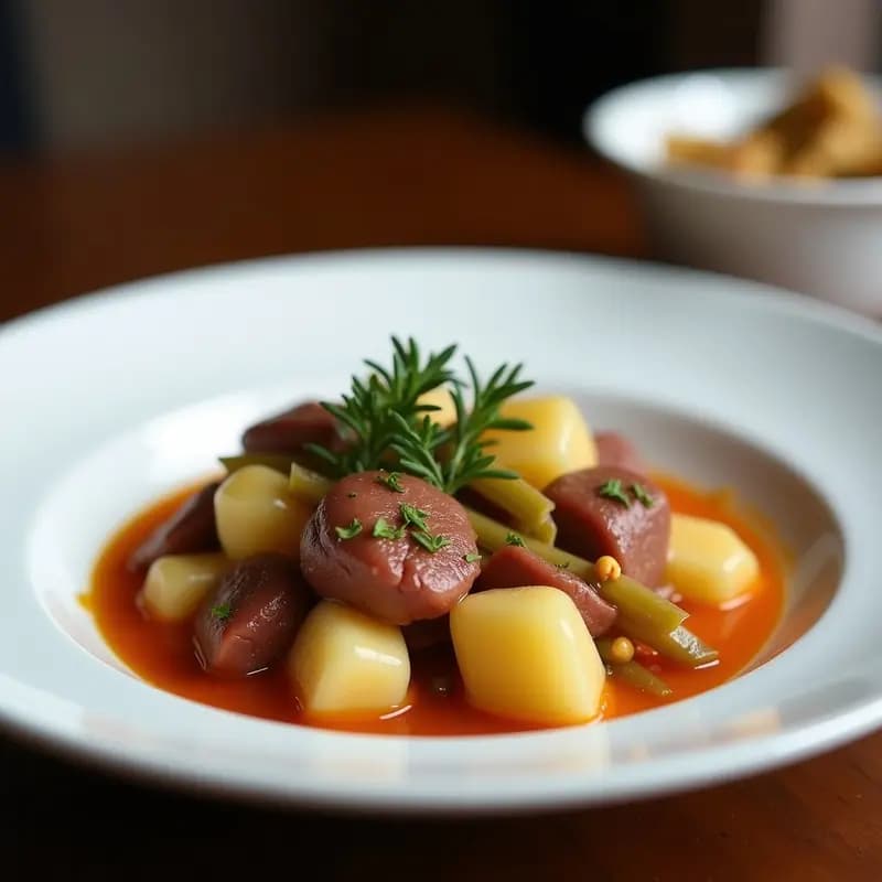 Cazuela de barro con pisto manchego humeante, alcachofas doradas y rodajas de morcilla de cebolla, decorado con huevo duro picado sobre fondo rústico de madera.