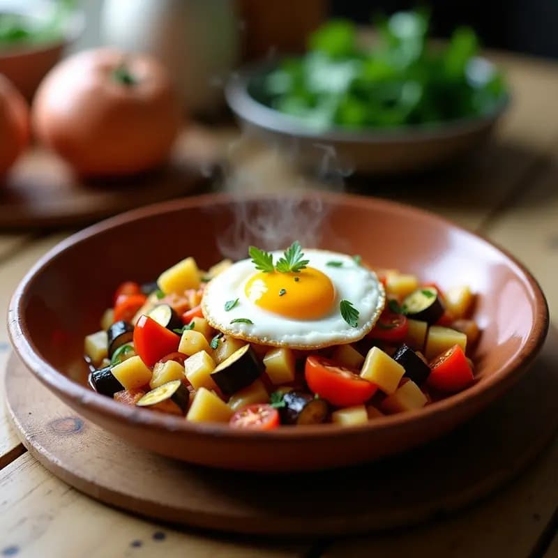 Plato hondo de barro con pisto manchego humeante, verduras sofritas en trozos (calabacín, berenjena, pimiento y tomate) cubiertas por un huevo escalfado con yema líquida y perejil fresco espolvoreado, receta tradicional española reconfortante.