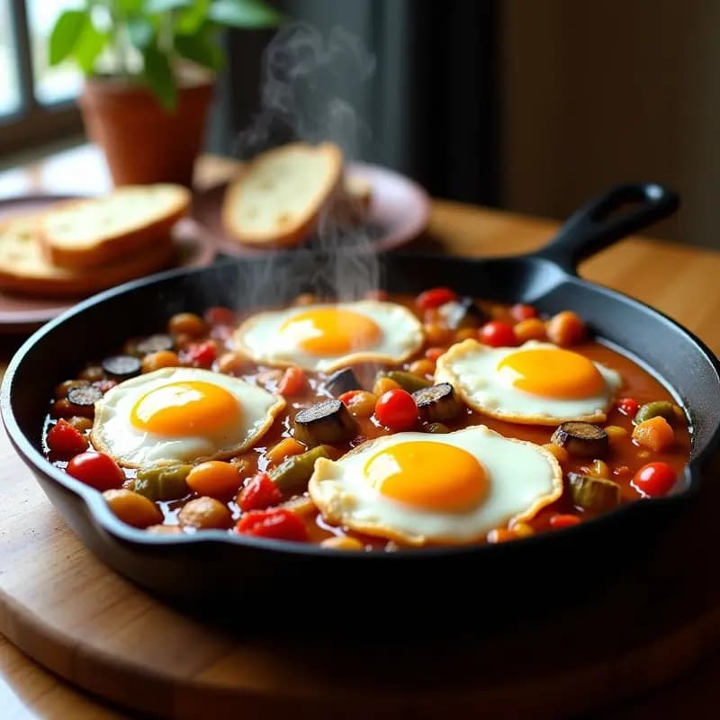 Sartén de hierro negra con pisto manchego humeante, verduras estofadas en tonos dorados y rojos, coronado con huevos a la flama con yema líquida y clara cuajada, sobre fondo rústico de madera.