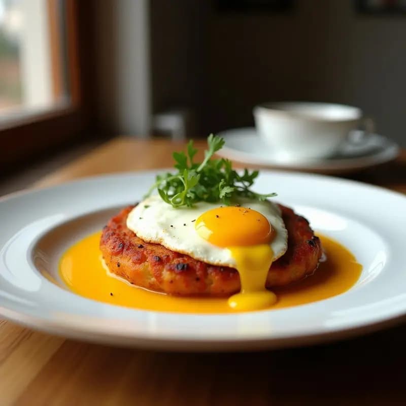Plato hondo de barro con pisto manchego colorido, huevos de codorniz cuajados en la superficie y queso manchego dorado, servido con hierbas frescas y pan tostado al lado. Receta de pisto manchego con huevos de codorniz en airfryer.