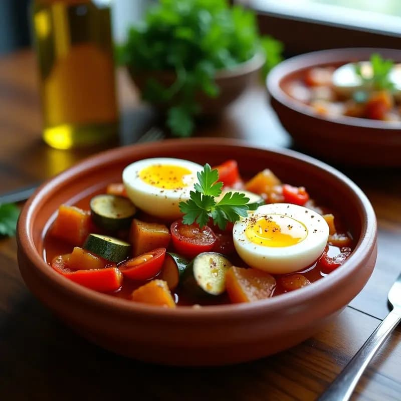 Plato hondo de barro con pisto manchego espeso de calabacín, berenjena y pimientos, coronado con huevos escabechados partidos por la mitad y bañados en su líquido dorado. Receta tradicional sin lácteos ni gluten, con un toque rústico y casero.