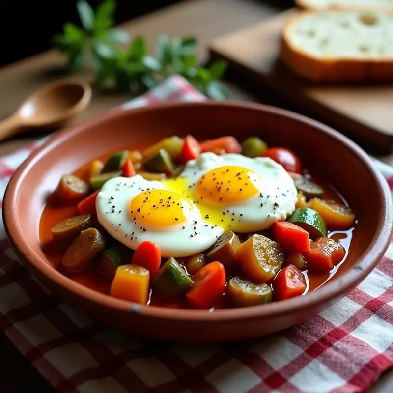 Plato hondo de barro con pisto manchego espeso de verduras (pimiento, calabacín, berenjena y tomate) coronado por dos huevos escalfados con yema líquida. Acompañado de rebanada de pan rústico y aceite de oliva virgen extra.