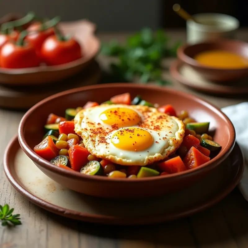 Plato hondo de barro con pisto manchego caliente, cubierto de huevos a la flama esponjosos y queso curado rallado dorado. Verduras en trozos visibles y fondo rústico de cocina tradicional española.