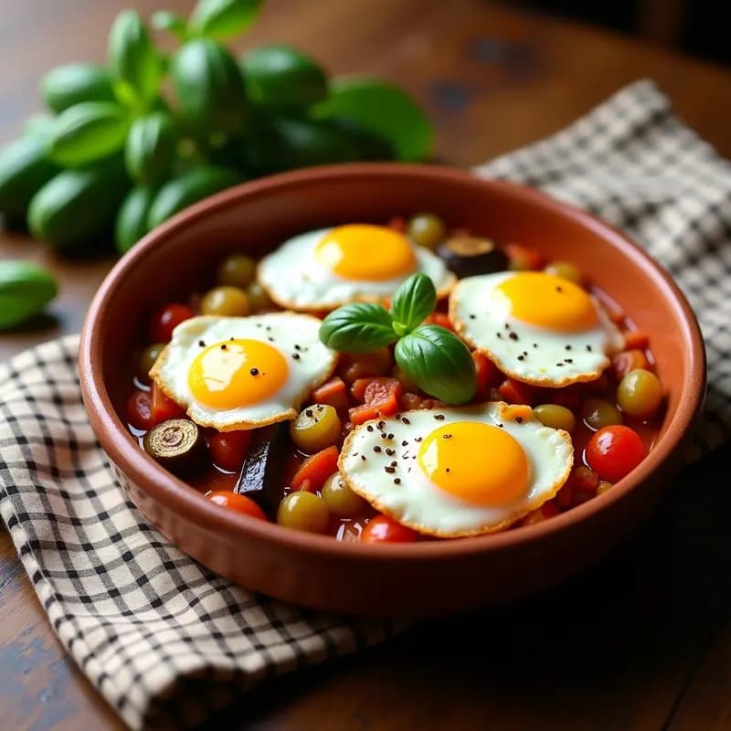 Plato hondo de barro con pisto manchego humeante, mezcla de calabacín, berenjena, pimiento y tomate sofrito, coronado con huevos fritos de yema líquida. Receta de verano en sartén antiadherente.