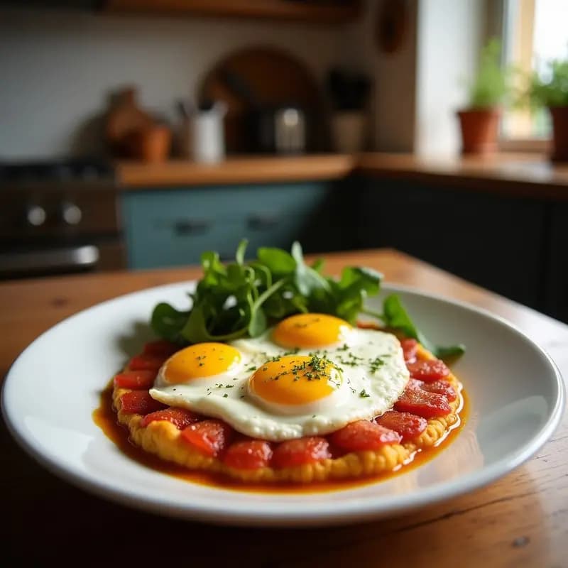 Plato hondo de barro con pisto manchego humeante, verduras estofadas en sofrito de tomate, calabacín, berenjena y pimiento, coronado con un huevo frito de yema líquida. Receta tradicional de aprovecho con verduras de temporada.