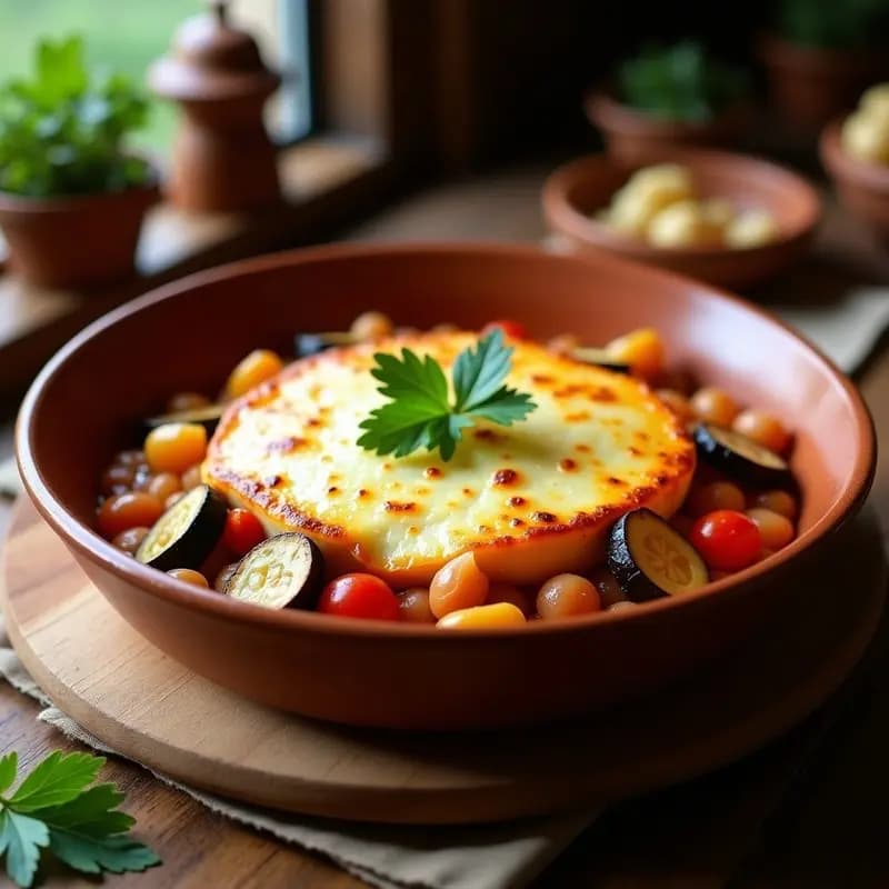 Fuente de barro con pisto manchego gratinado, cubierto de queso de cabra dorado y burbujeante, rodeado de hierbas frescas y un toque rústico.