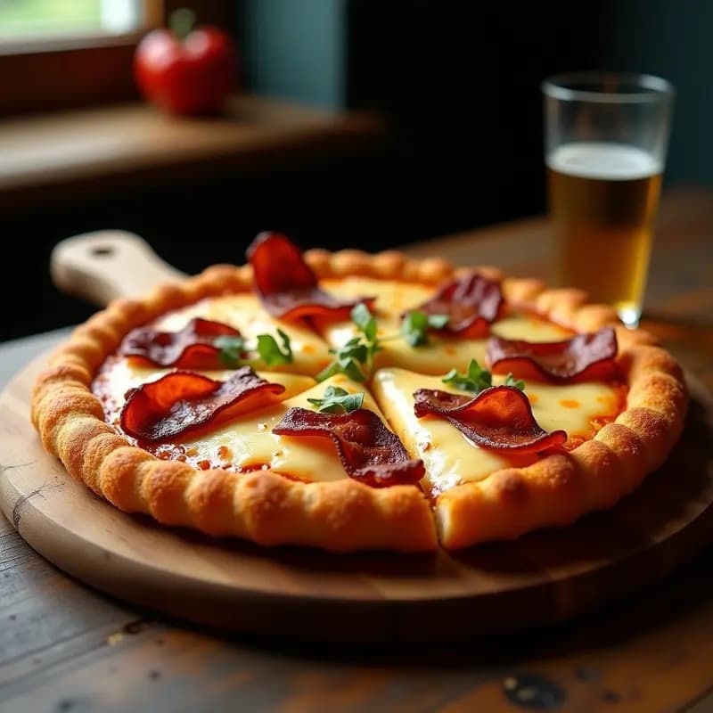 Pizza 4 Quesos con Base de Churros y Toppings de Bacon Caramelizado: Dulce y Salado en una Sola Rebanada