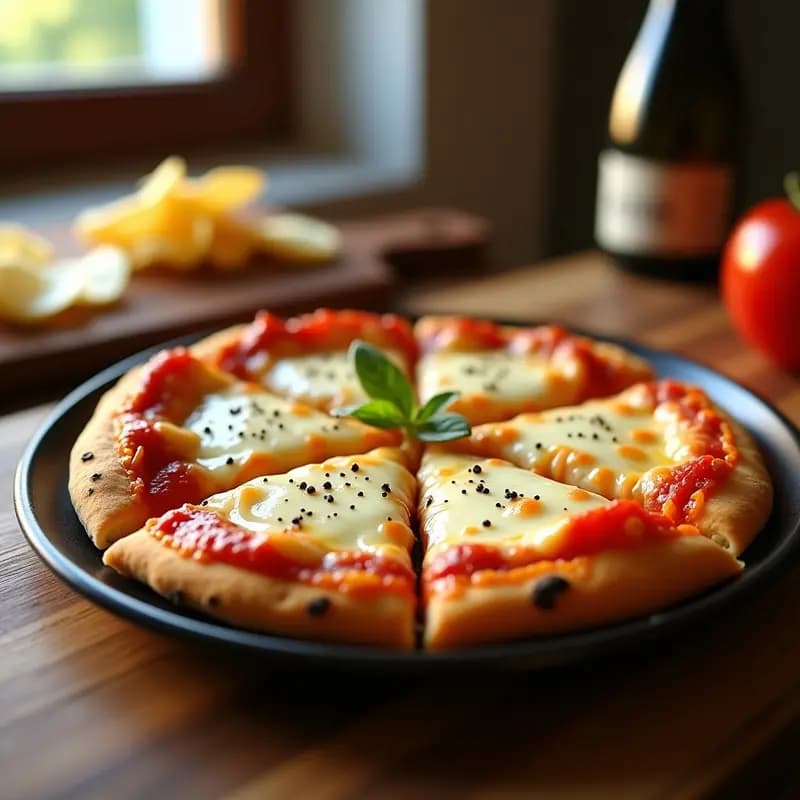 Pizza de 4 quesos con base dorada y crujiente de patatas fritas, cubierta de queso mozzarella, gorgonzola, cheddar y crema fundidos, horneada al punto. Receta pizza 4 quesos base patata frita.