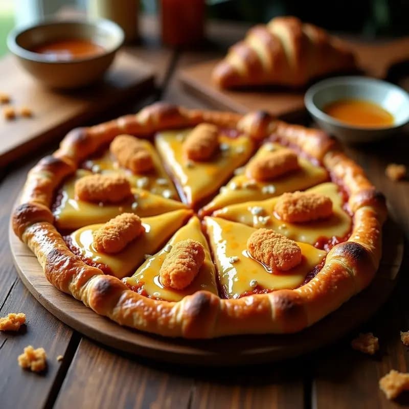 Pizza hipercalórica con base de croissant dorado relleno de chocolate, cubierta de cinco quesos fundidos, trozos de nuggets de pollo crujientes y un hilo brillante de miel y salsa barbacoa, servida en bandeja de horno.