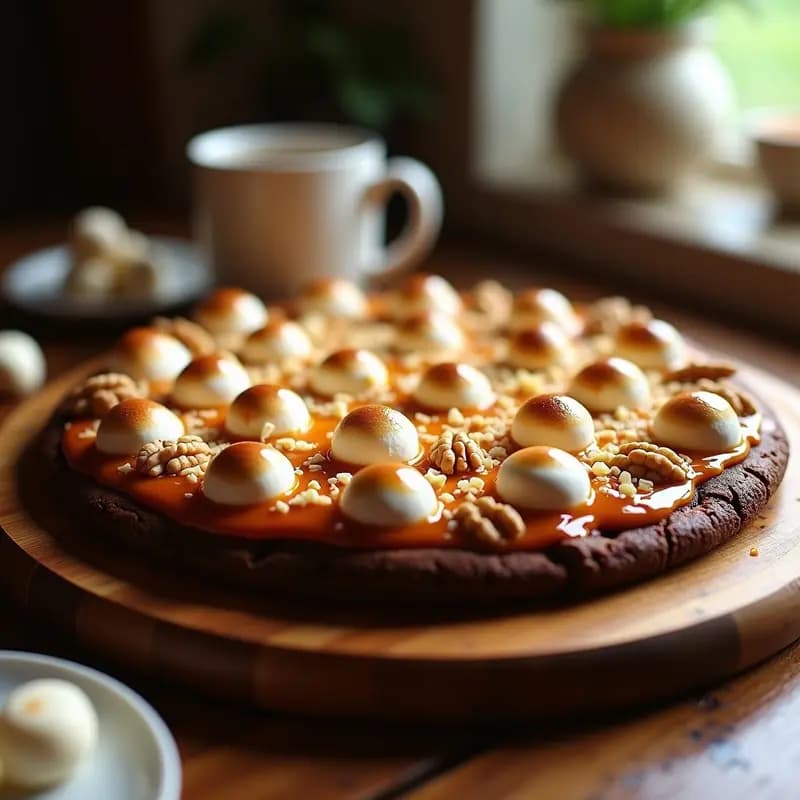 Pizza dulce con base de brownie oscuro y esponjoso, cubierta de salsa de caramelo brillante, marshmallows dorados y burbujeantes, nueces picadas y virutas de chocolate. Receta de pizza brownie marshmallow caramelo lista para servir.