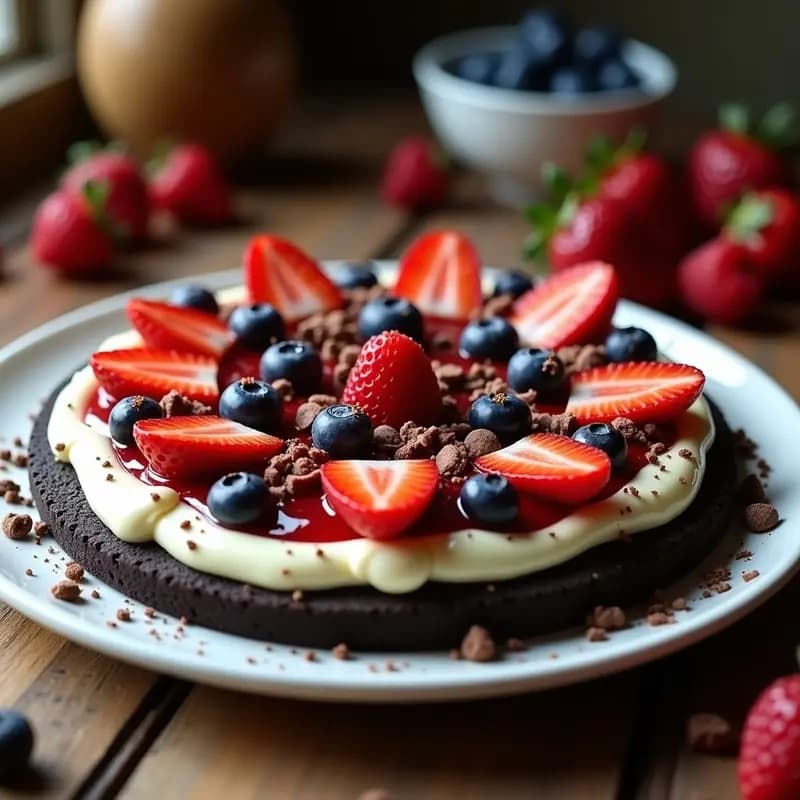 Pizza dulce con base negra de galletas Oreo trituradas, cubierta de crema de queso blanco, mermelada de frutos rojos y decorada con fresas, arándanos, frambuesas y virutas de chocolate negro y blanco, servida en un plato blanco sobre fondo rústico.