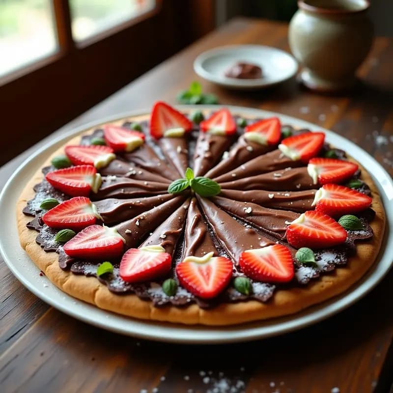 Pizza de postre redonda con base crujiente de galleta María, cubierta de chocolate negro brillante, rodajas de fresas rojas dispuestas en espiral, crema de avellanas en espirales y decoración de virutas de chocolate blanco y hojas de menta fresca.