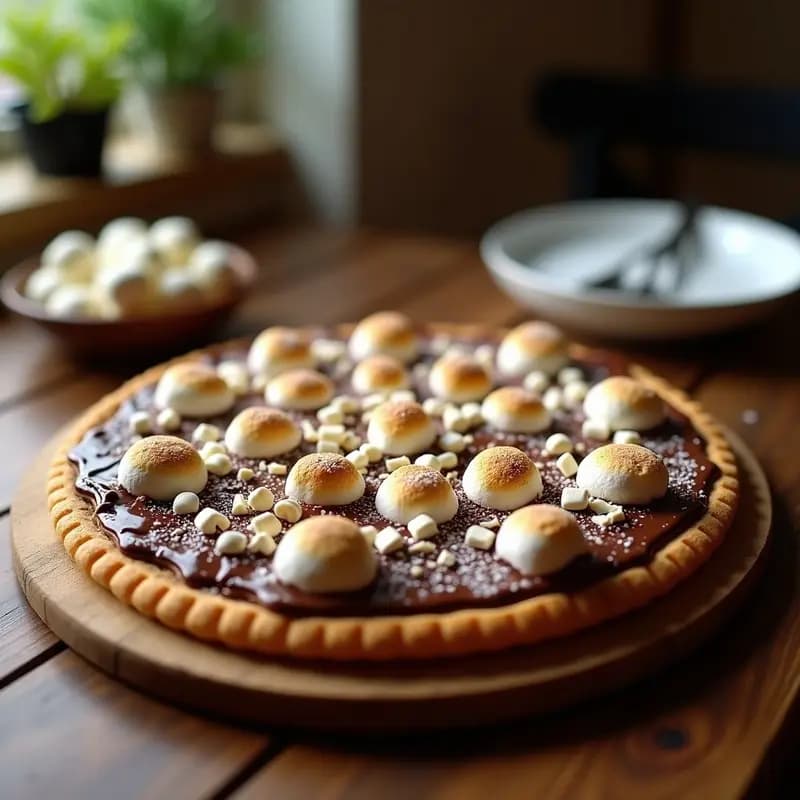 Pizza dulce redonda con base de galleta María dorada, capa gruesa de Nutella, marshmallows derretidos y bañada en chocolate negro brillante, decorada con virutas de chocolate blanco y azúcar glass, sobre fondo rústico de madera.