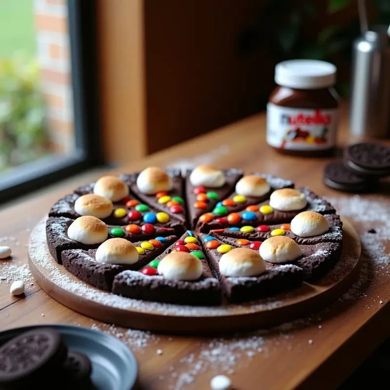 Pizza de postre redonda con base oscura de galleta Oreo, cubierta de chocolate derretido brillante, M&M de colores y marshmallows tostados dorados. Espolvoreada con azúcar glas y servida en tabla de madera.