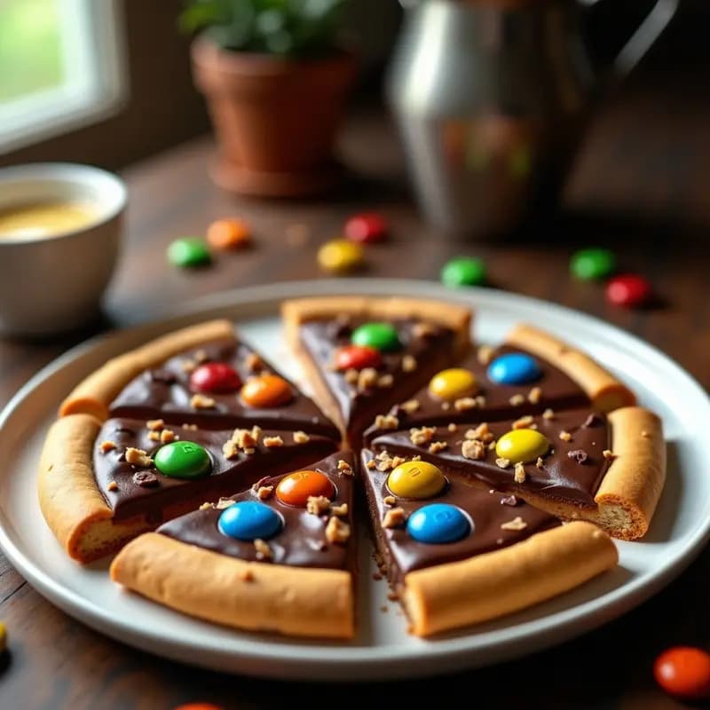 Pizza de postre con base de galleta crujiente, cubierta de chocolate brillante, trozos de Snickers y M&M’s coloridos, servida en plato blanco sobre fondo oscuro. Receta pizza Snickers M&M’s base galleta.