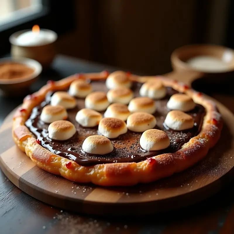 Pizza de churros dorados en forma de espiral con salsa de chocolate negro brillante cubriendo toda la superficie y marshmallows fundidos y dorados por encima. Espolvoreada con azúcar glas y canela, servida en bandeja de madera rústica sobre fondo oscuro.