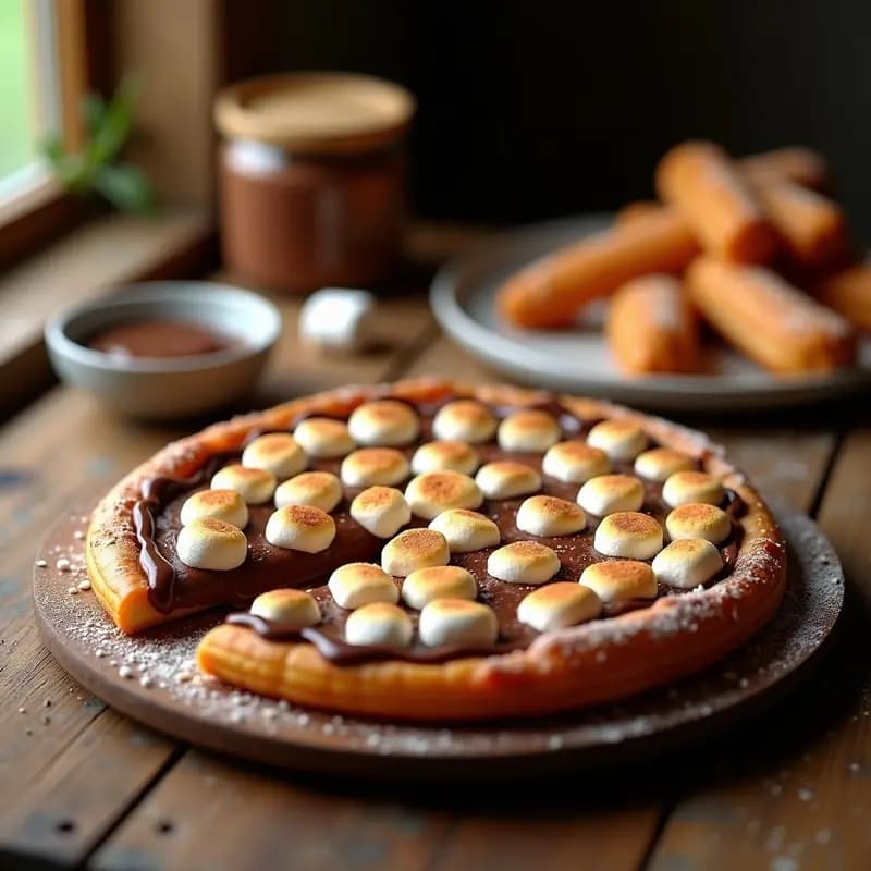 Pizza de churros dorados en forma de espiral, rellena de Nutella derretida y cubierta de marshmallows gratinados, con un toque de azúcar glas y canela. Postre crujiente y dulce en formato pizza.