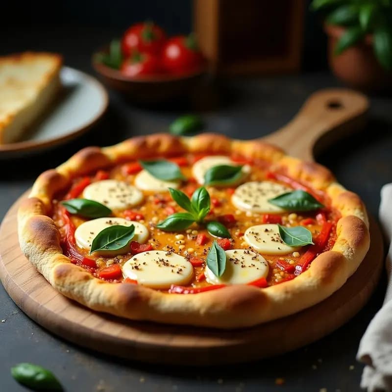 Pizza vegana sin horno con base dorada y crujiente de coliflor y semillas, cubierta con cuatro quesos veganos derretidos en capas de colores, tomate, albahaca fresca y pimiento asado, servida en tabla de madera rústica.