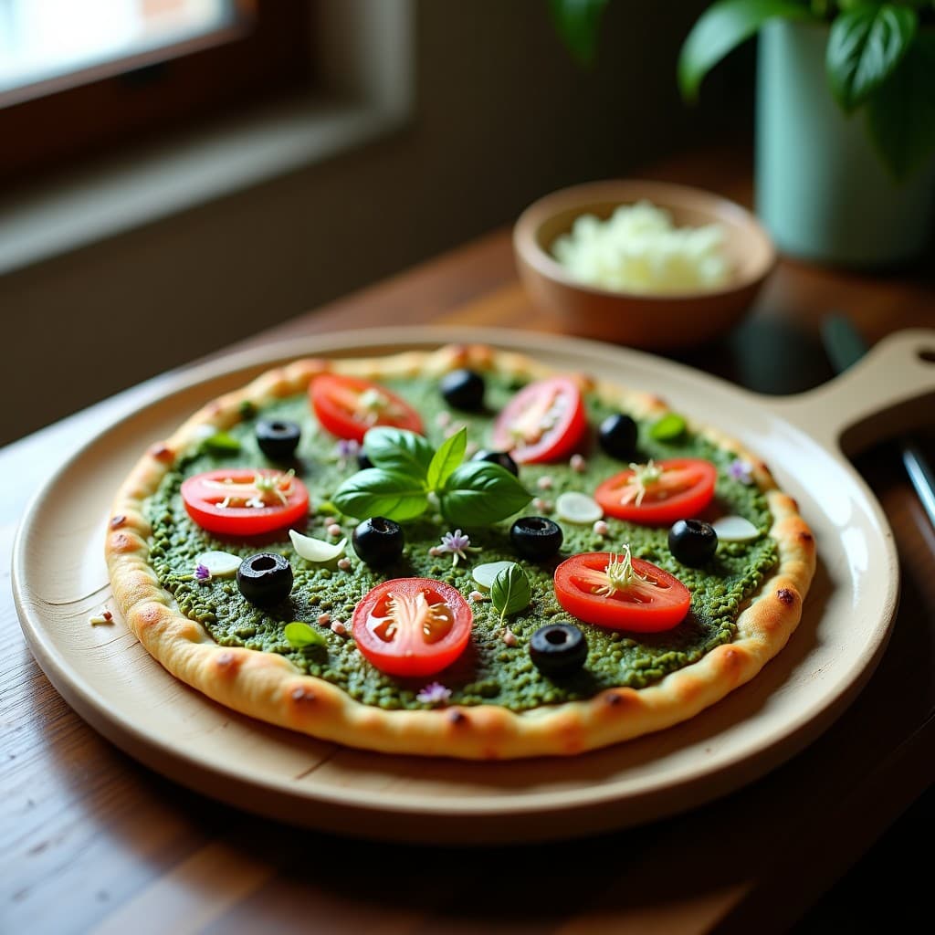 Pizza crudivegana de coliflor y espirulina con base verde intenso, cubierta de pesto de albahaca cremoso, tomates cherry rojos brillantes, aceitunas negras y germinados de rábano, servida en plato de madera rústico.