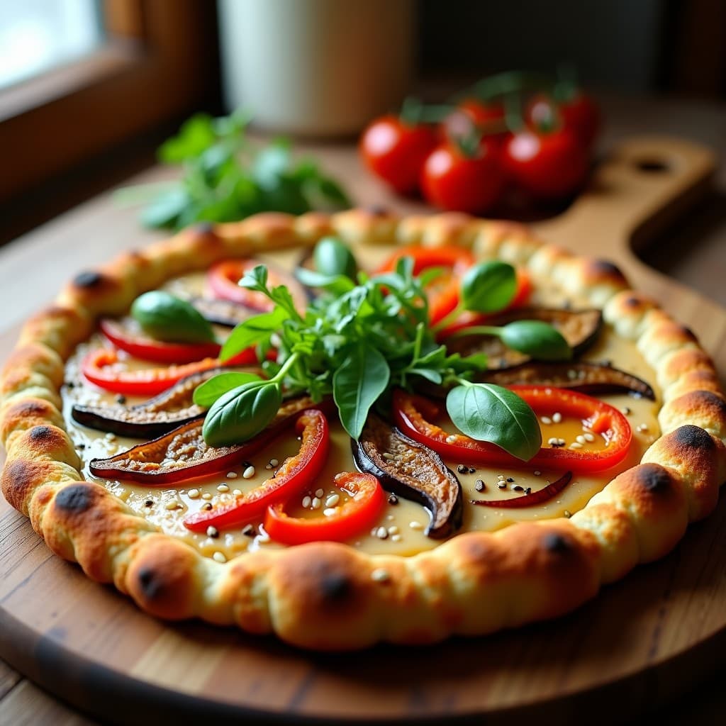 Pizza vegana sin gluten de coliflor con base dorada y crujiente, cubierta de hummus cremoso, berenjena asada, pimiento rojo, cebolla morada y tomates cherry. Decorada con rúcula fresca, semillas de sésamo y hojas de albahaca sobre un fondo rústico de madera.